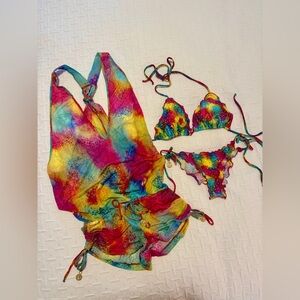 Luli Fama Multicolor Bikini Set with romper cover up
